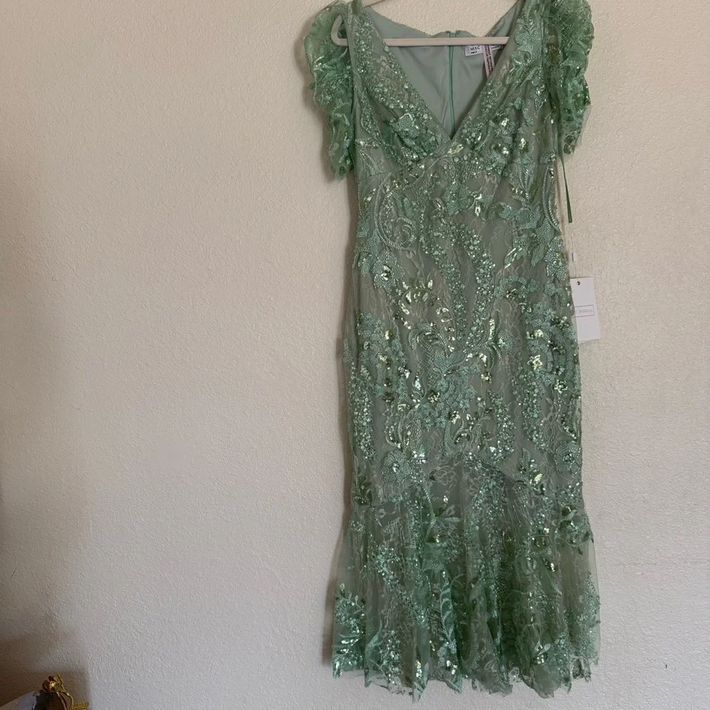 Mac Duggal Size 8 Mint Green 68266 Puff Sleeve V-Neck Embellished Midi Dress New - Picture 5 of 15